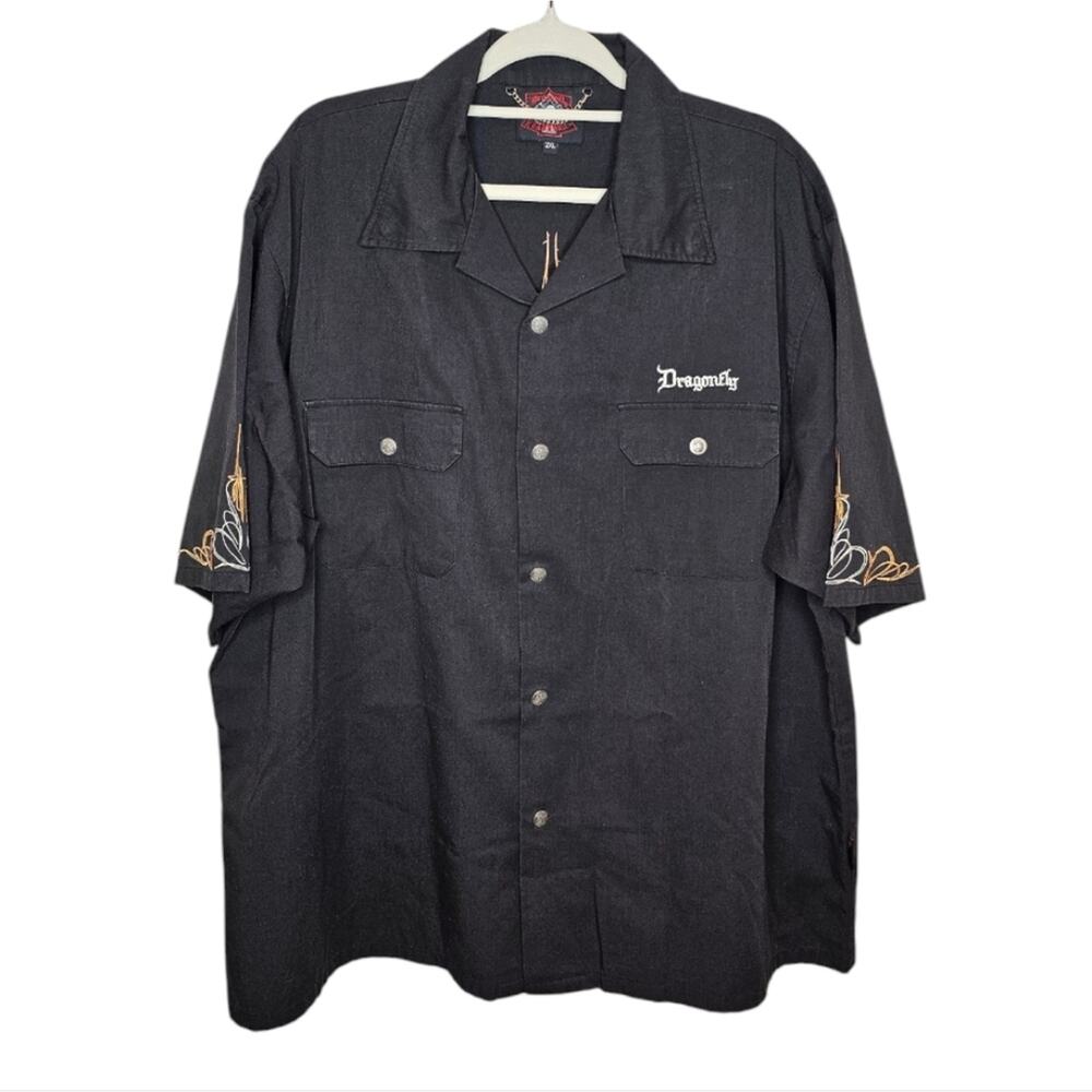 Dragonfly Roadhouse Embroidered Snap Button Up Motorcycle Shirt Short Sleeve 2XL